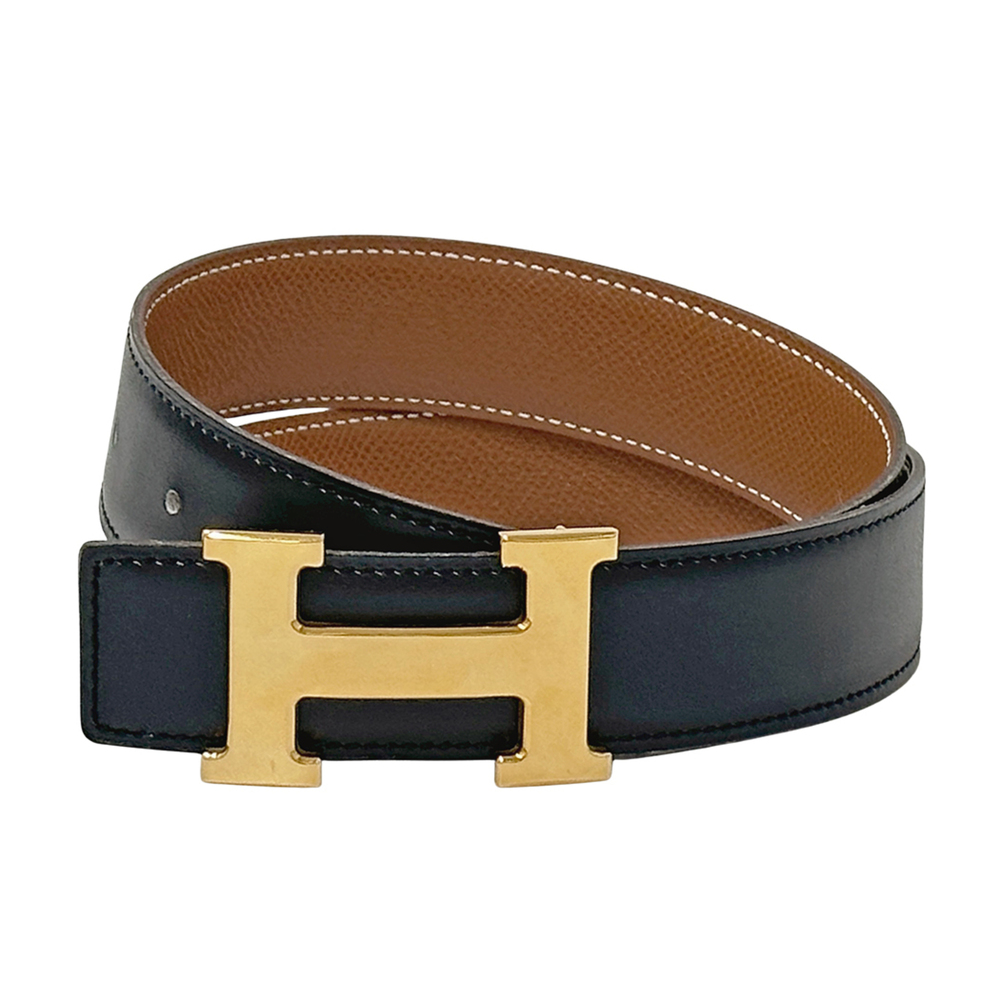 Hermes HERMES Belt Women's Brand H Box Calf Black Gold Hardware Size 70 Rever...